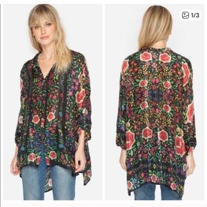 Johnny Was Silk Floral Tunic Blouse - Black and Multicolor- Size PS